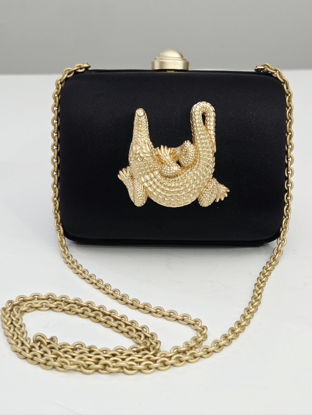 VINTAGE BARRY KIESELSTEIN-CORD BLACK SATIN EVENING BAG CLUTCH WITH ALLIGATOR